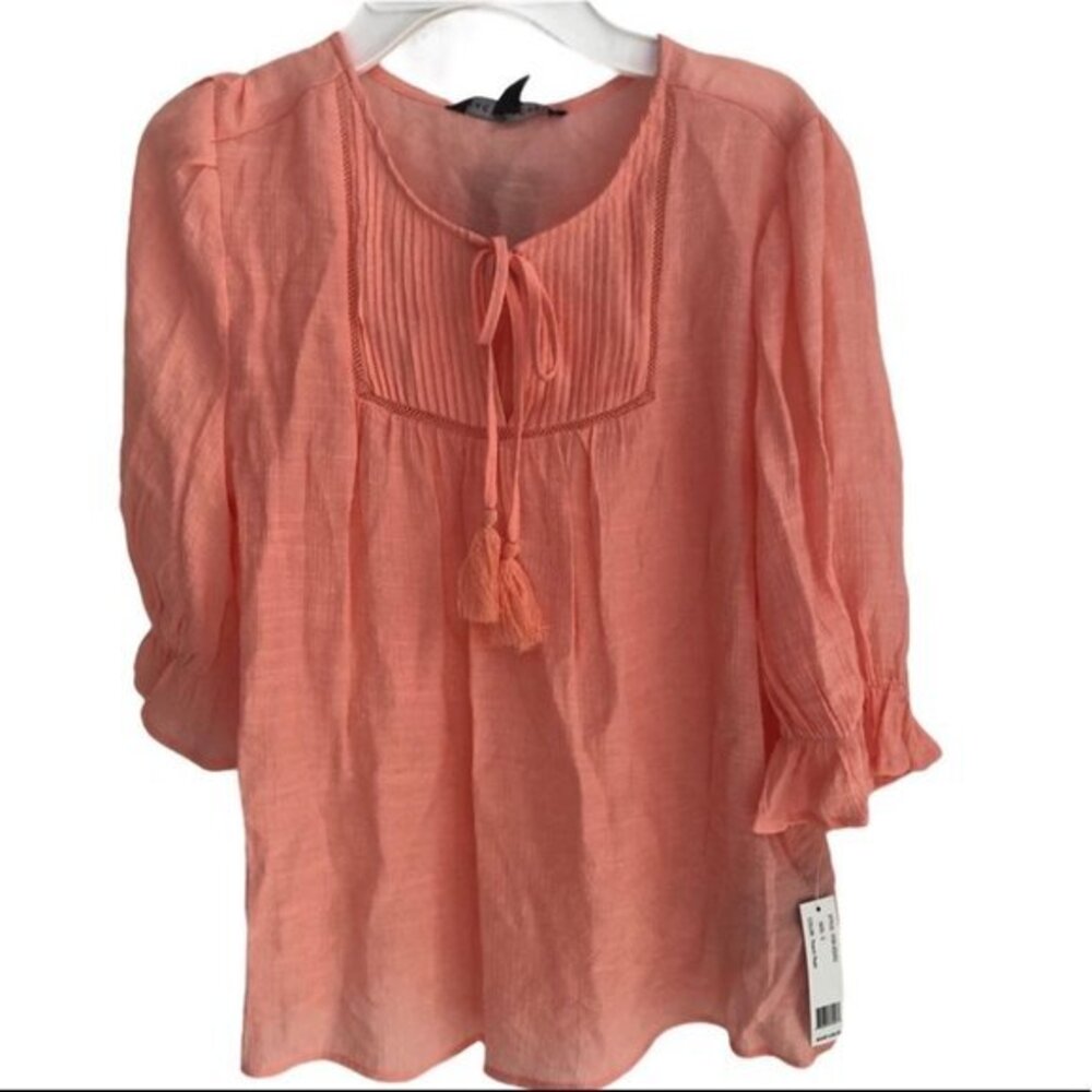 BCBGeneration Peach‎ Pearl Tassel Tie Pleated Peasant Blouse Top NWT Small